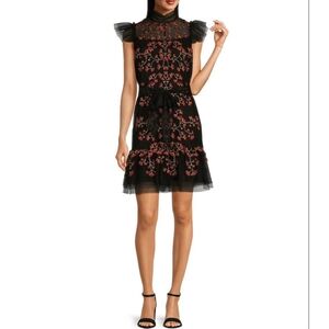 Alex Marie Liesl Floral Embroidered Mesh Mock Neck Sheer Illusion Aline  Dress
